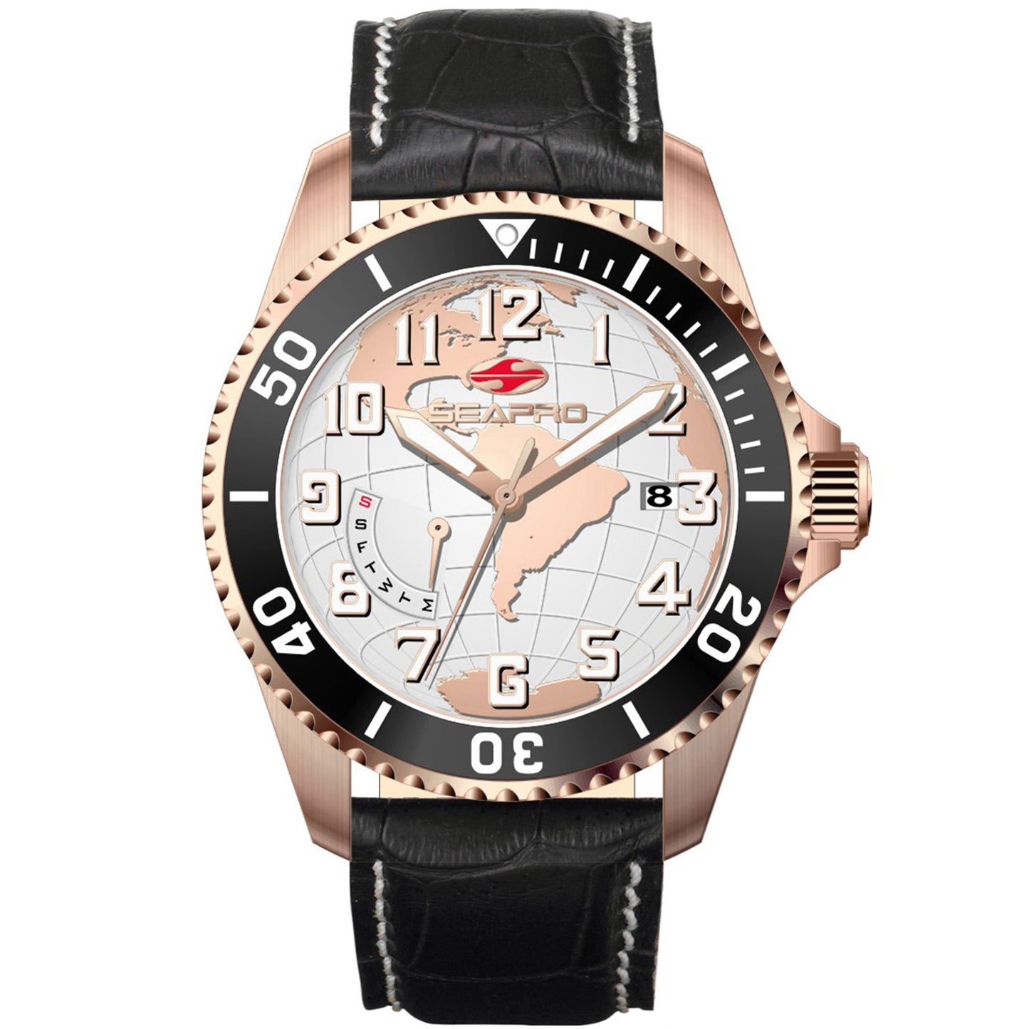 Seapro Men's 42mm Voyager Quartz Date Globe Dial Leather Strap Watch