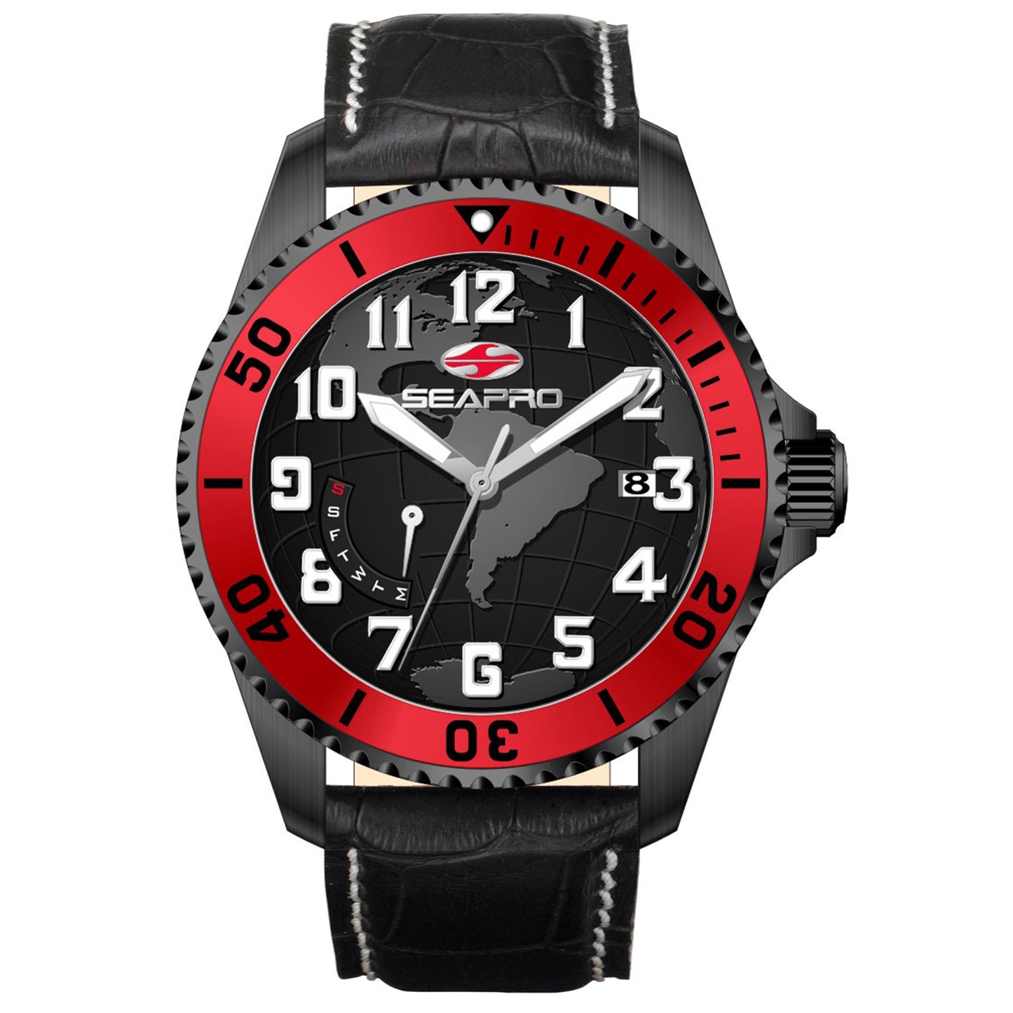 Seapro Men's 42mm Voyager Quartz Date Globe Dial Leather Strap Watch