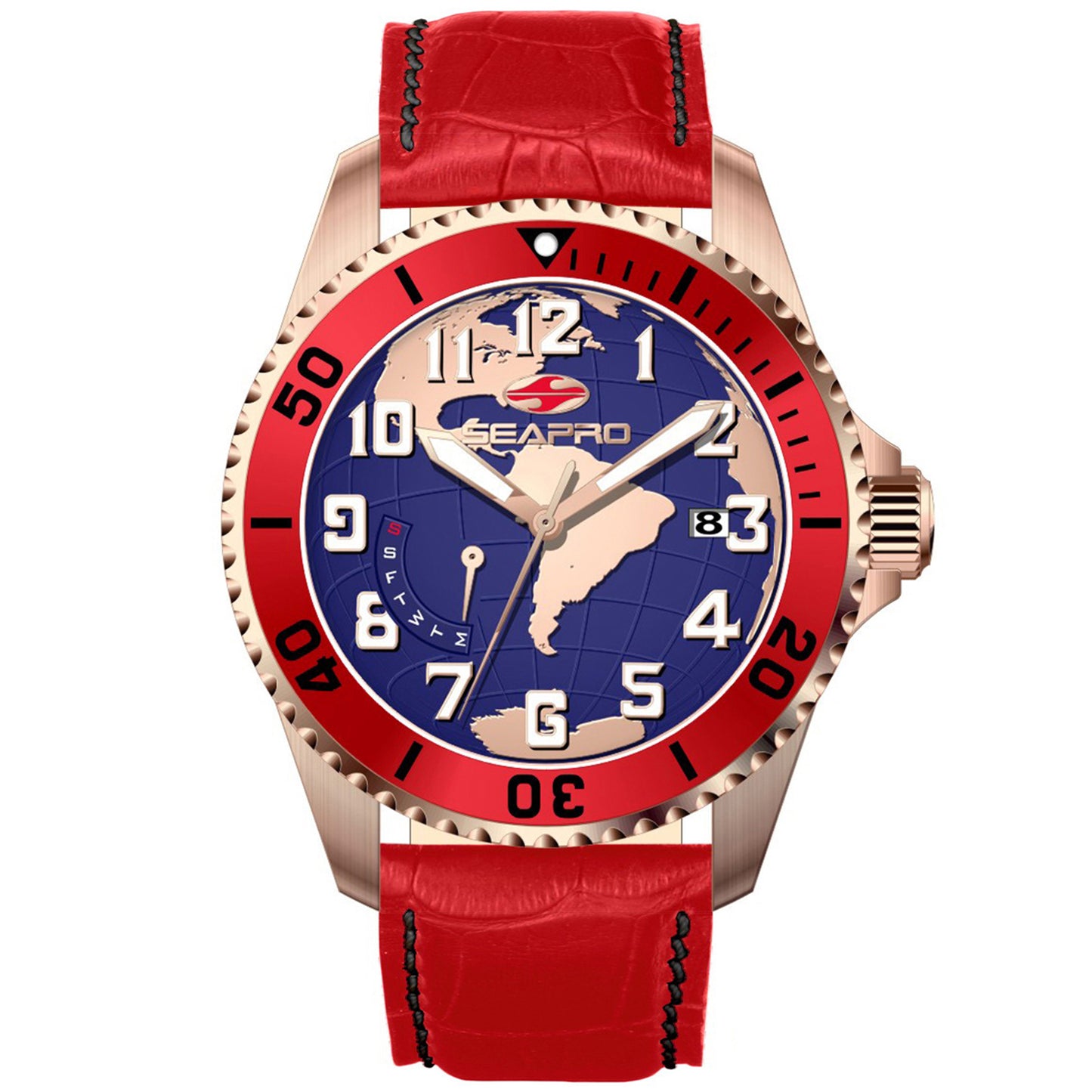 Seapro Men's 42mm Voyager Quartz Date Globe Dial Leather Strap Watch