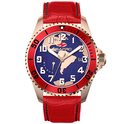Seapro Men's 42mm Voyager Quartz Date Globe Dial Leather Strap Watch