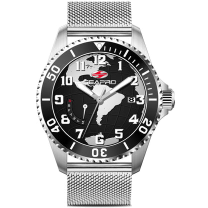 Seapro Men's 42mm Voyager Quartz Day & Date Globe Dial Mesh Bracelet Watch