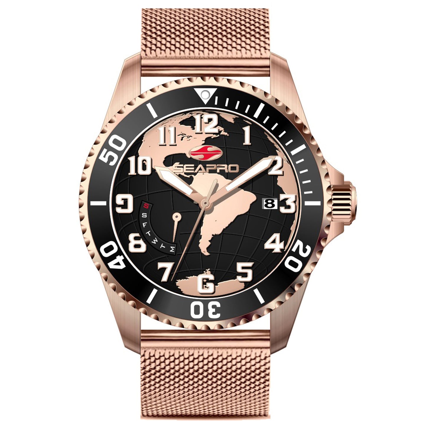 Seapro Men's 42mm Voyager Quartz Day & Date Globe Dial Mesh Bracelet Watch