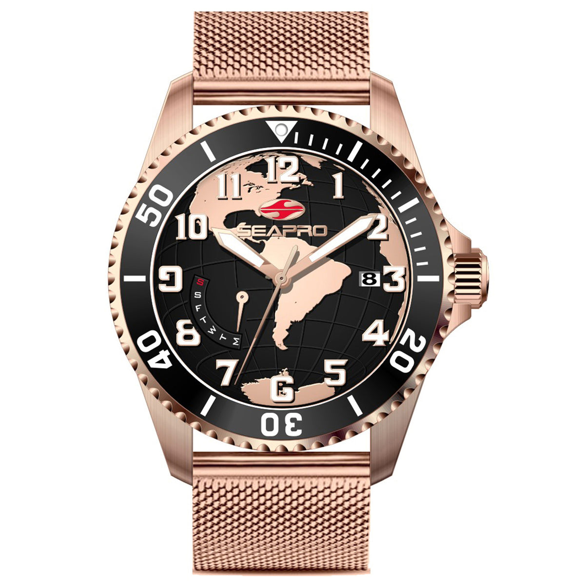 Seapro Men's 42mm Voyager Quartz Day & Date Globe Dial Mesh Bracelet Watch