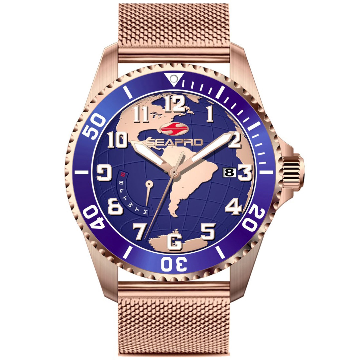 Seapro Men's 42mm Voyager Quartz Day & Date Globe Dial Mesh Bracelet Watch