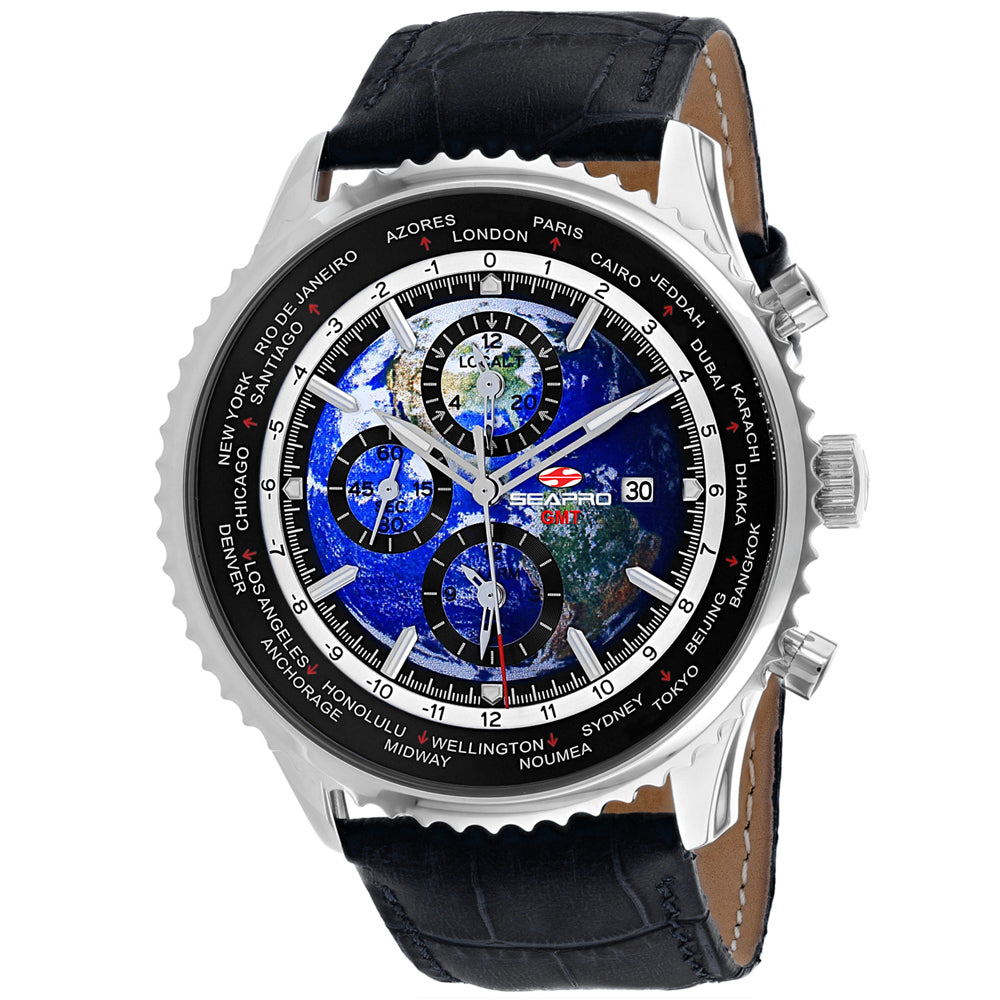 Seapro Men's 47mm Meridian Quartz GMT Alarm Leather Strap Watch