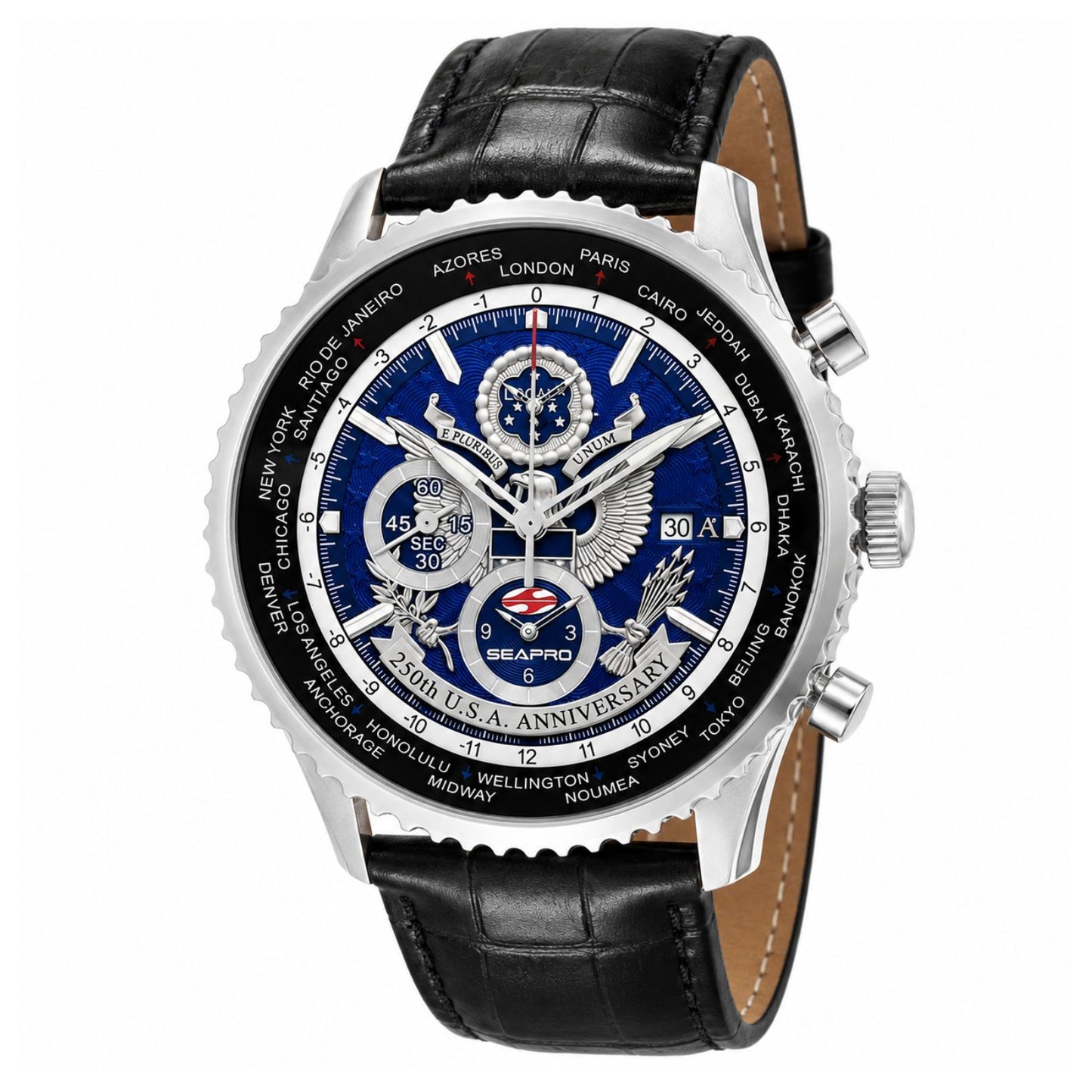 Seapro Men's 45mm 250th Anniversary Quartz Merdian World Timer Leather Strap Watch