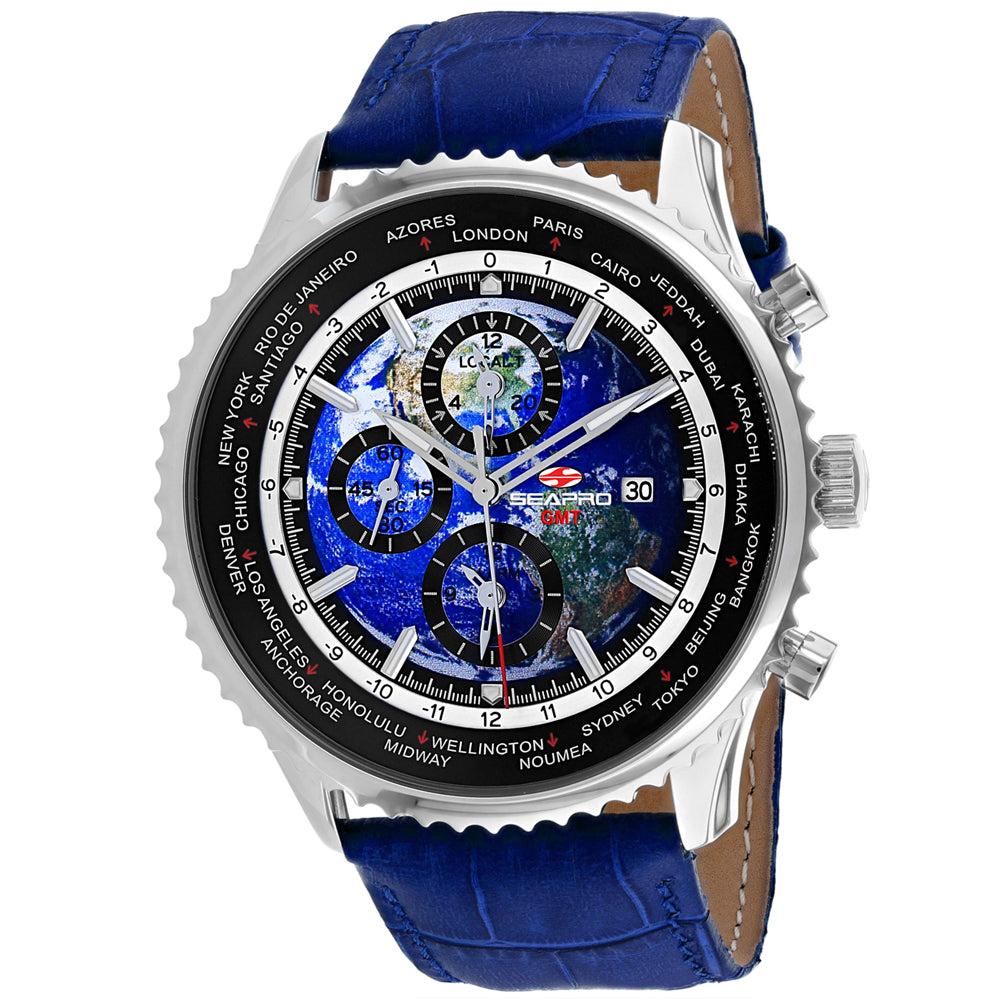 Seapro Men's 47mm Meridian Quartz GMT Alarm Leather Strap Watch
