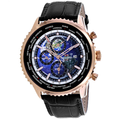 Seapro Men's 47mm Meridian Quartz GMT Alarm Leather Strap Watch