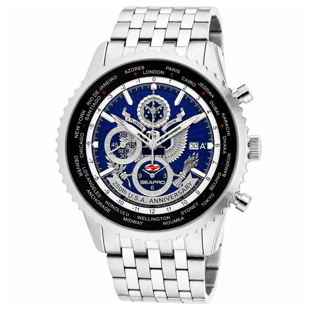 Seapro Men's 45mm 250th Anniversary Quartz Meridian World Timer Bracelet Watch