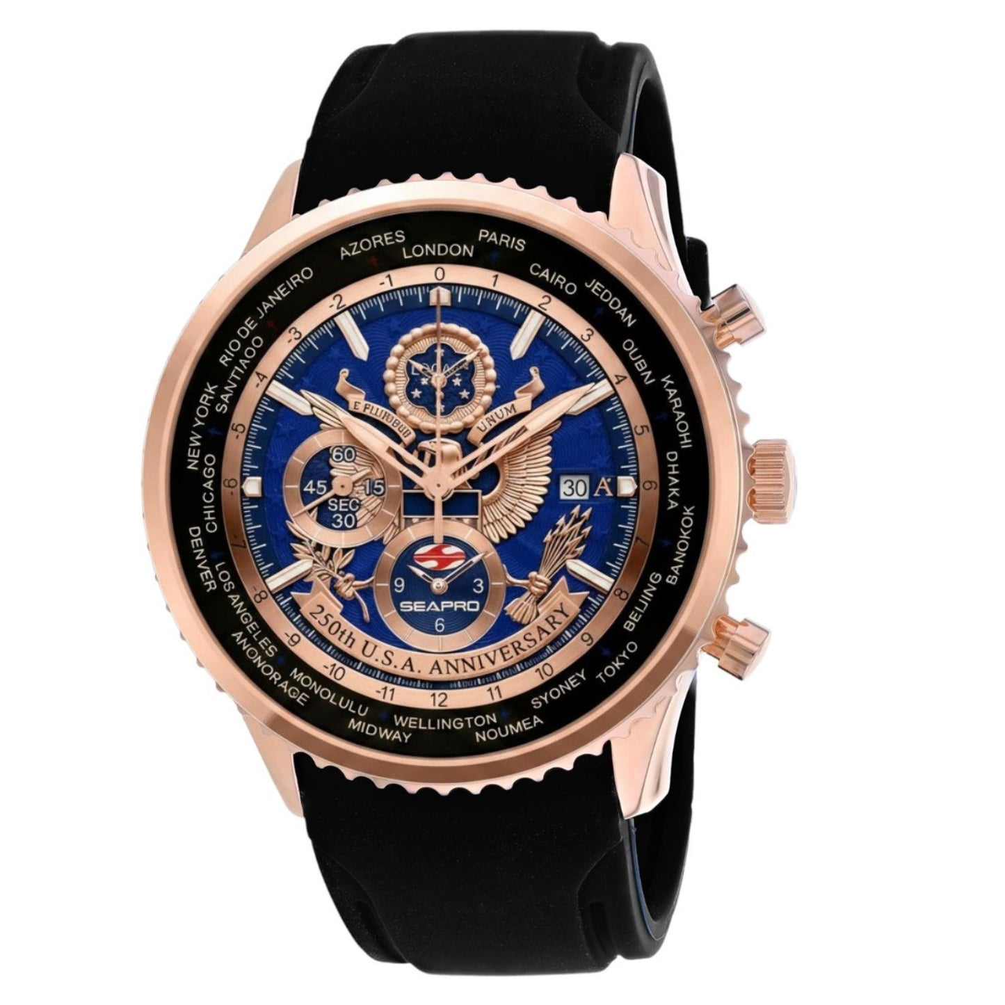 Seapro Men's 45mm 250th Anniversary Quartz Meridian World Timer Rubber Strap Watch