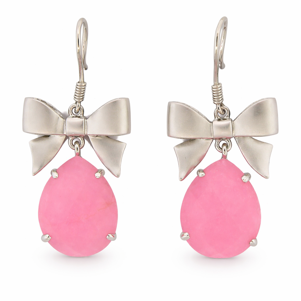 Belle Artique Sterling Silver Pink Jade Satin-Finish Bow Drop Earrings