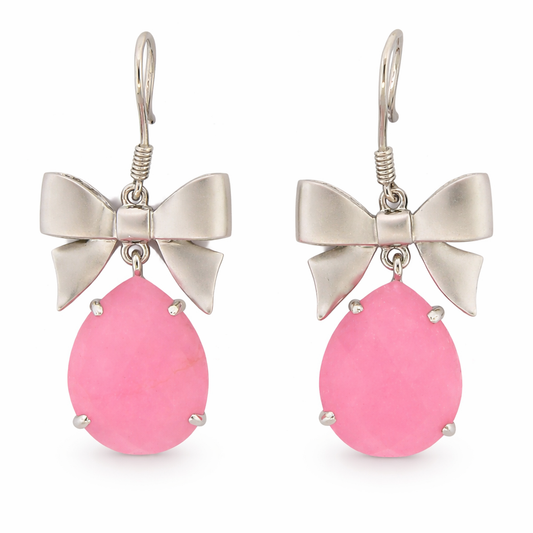 Belle Artique Sterling Silver Pink Jade Satin-Finish Bow Drop Earrings