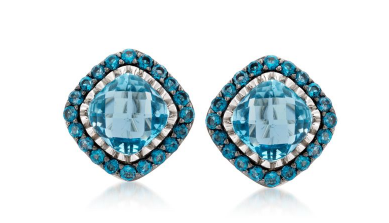 Belle Artique Sterling Silver Cushion Blue Topaz Briolette Halo Button Stud Earrings