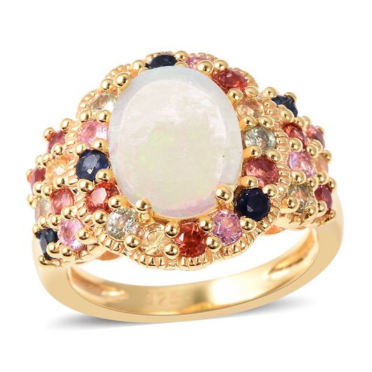 Belle Artique Gold Plated Opal & Multi-Gemstone Halo Statement Ring
