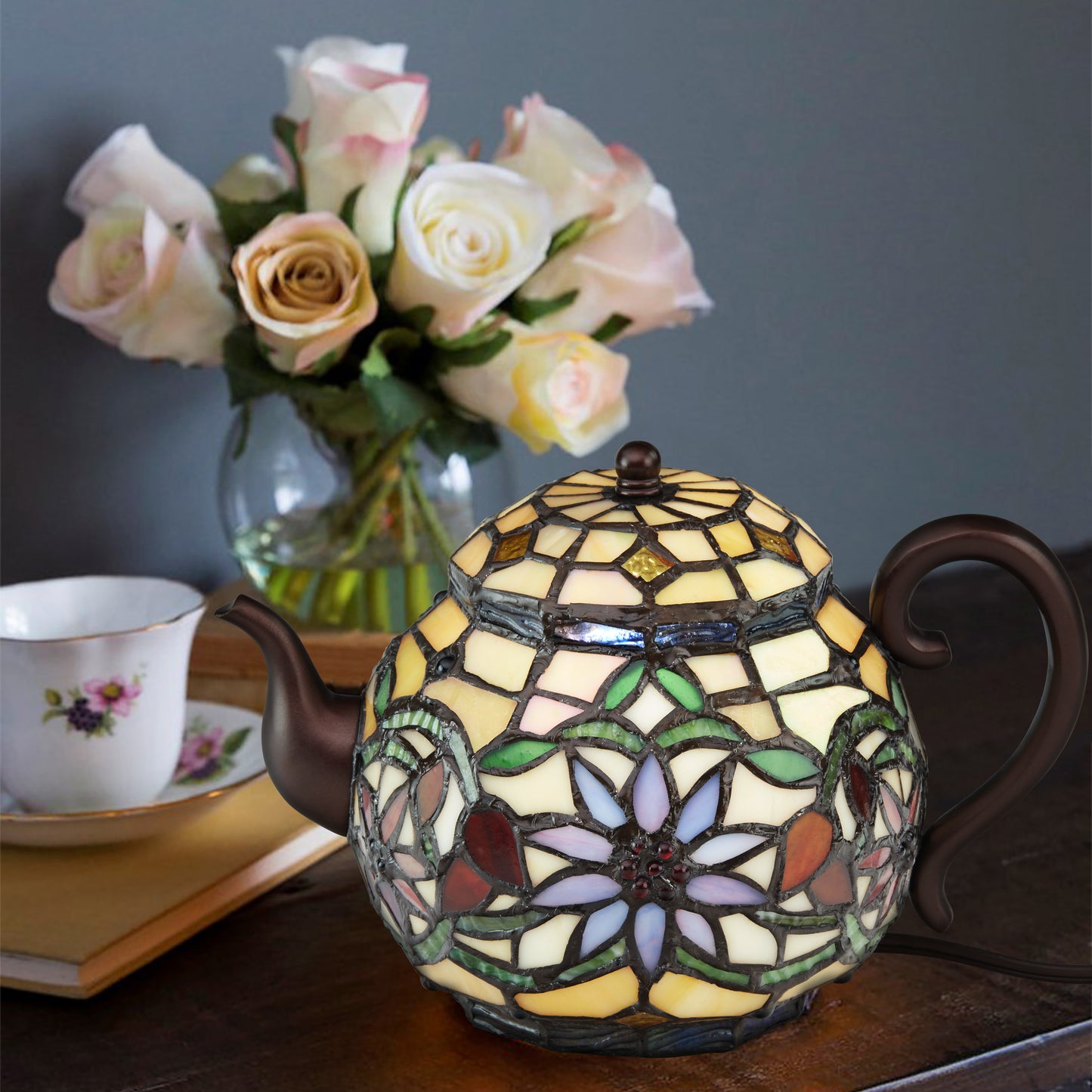 Tiffany-Style Lighting 6.5" Yellow Multi Stained Glass Teapot Accent Lamp