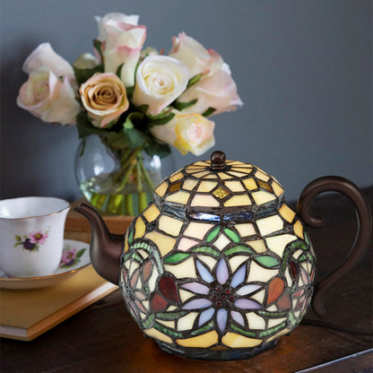 Tiffany-Style Lighting 6.5" Yellow Multi Stained Glass Teapot Accent Lamp