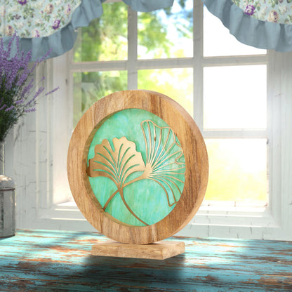 Tiffany-Style Lighting 14" Round Decorative Stained Glass & Metal Stand with Wood Frame