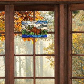 Tiffany-Style Lighting 12" Moose in Moutainscape Stained Glass Window Panel