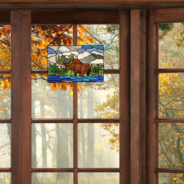 Tiffany-Style Lighting 12" Moose in Moutainscape Stained Glass Window Panel