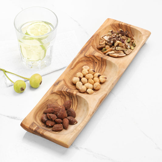 Modern Home & Kitchen Handcrafted Olive Wood 3-Section Snack & Appetizer Tray
