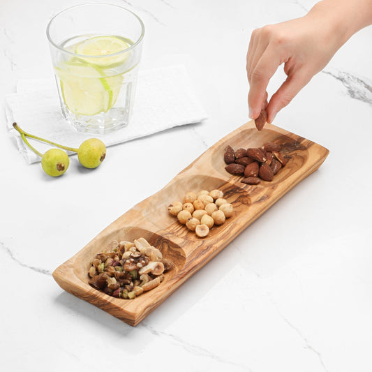 Modern Home & Kitchen Handcrafted Olive Wood 3-Section Snack & Appetizer Tray