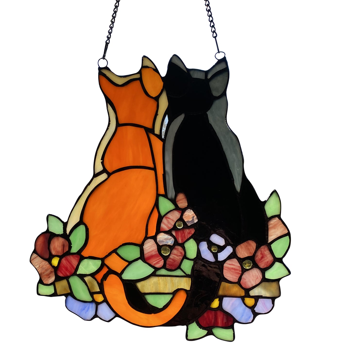 Tiffany-Style Lighting 12.5" Stained Glass Cats in the Garden Window Panel