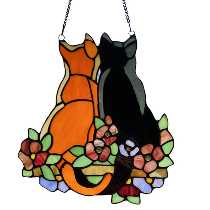 Tiffany-Style Lighting 12.5" Stained Glass Cats in the Garden Window Panel