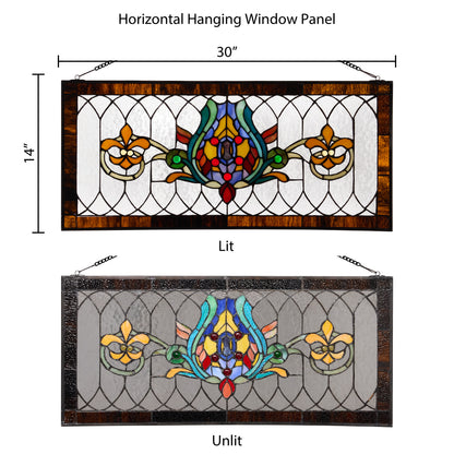 Tiffany-Style Lighting 30" Amber Multi Fleur De Lis Stained Glass Pub Window Panel