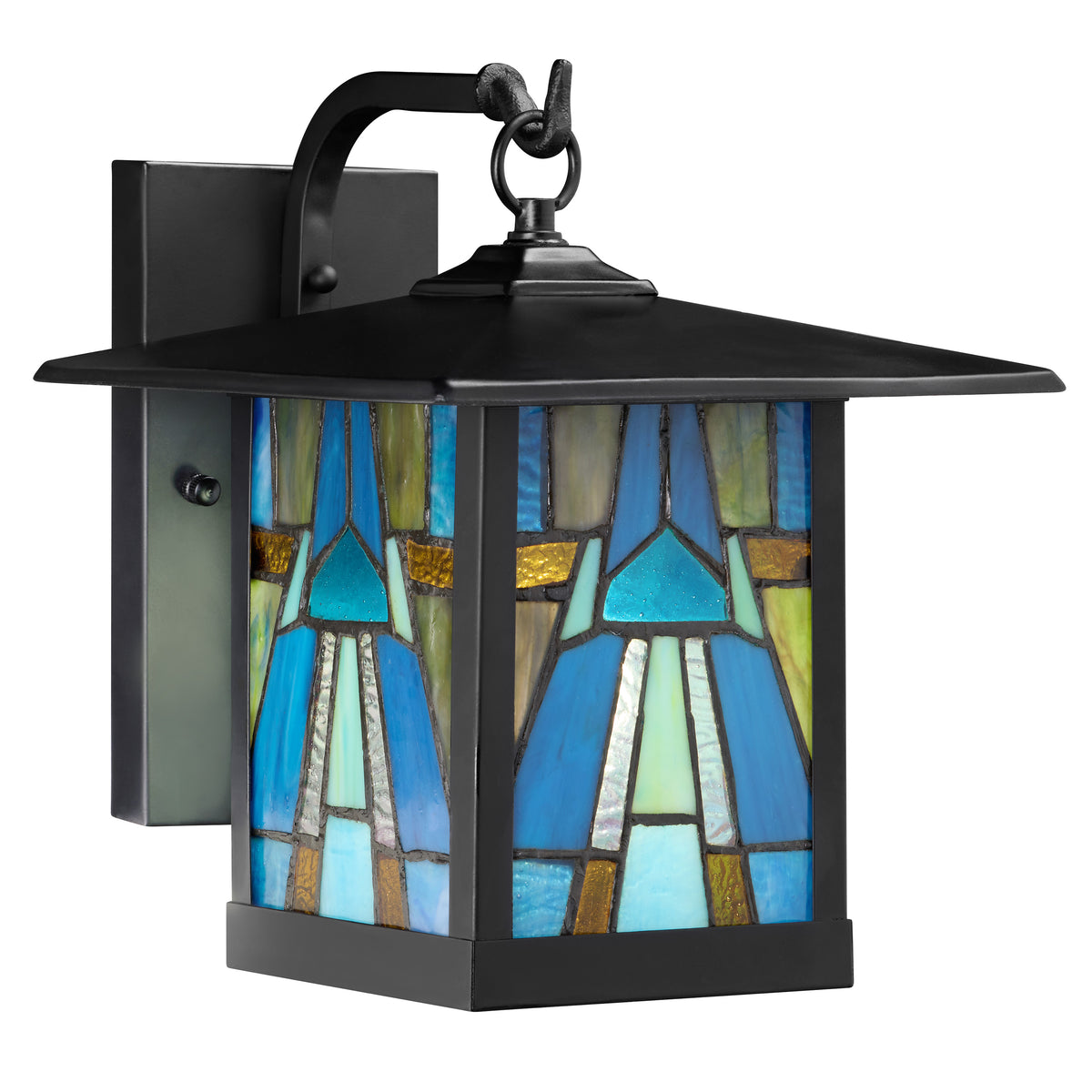 Tiffany-Style Lighting Aqua and Amber Stained Glass 1-Light Outdoor Lantern Wall Sconce
