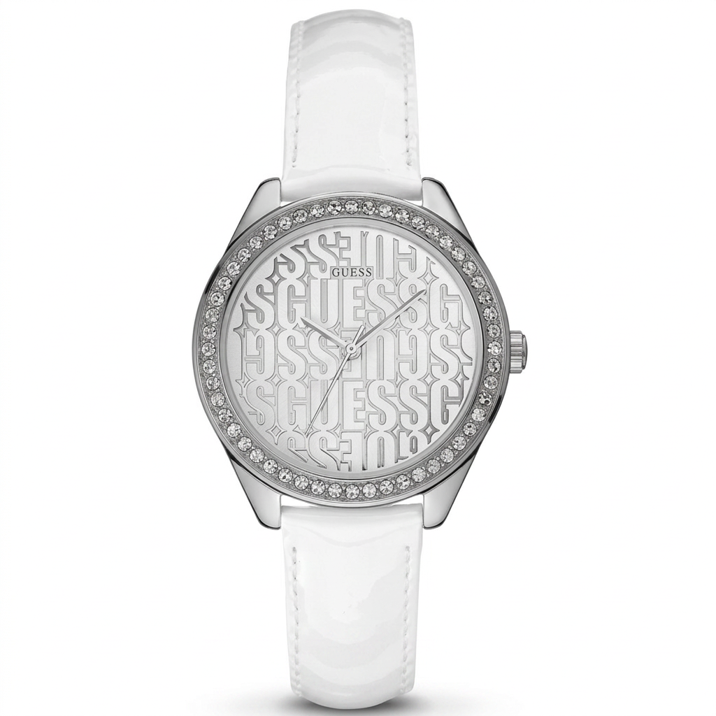 Guess Women's 36mm Trance Quartz Crystal Bezel Logo Dial Leather Strap Watch