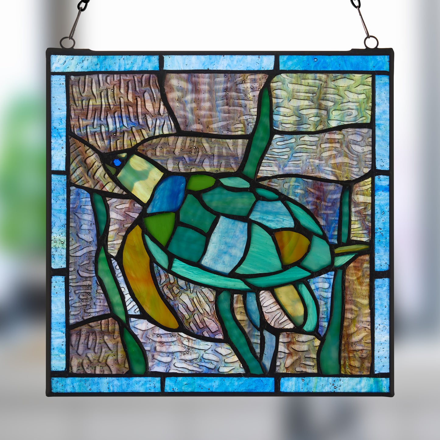 Tiffany-Style Lighting 10.5" Tommy the Green Sea Turtle Stained Glass Window Panel