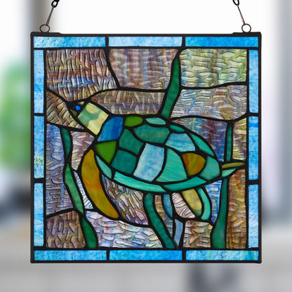 Tiffany-Style Lighting 10.5" Tommy the Green Sea Turtle Stained Glass Window Panel