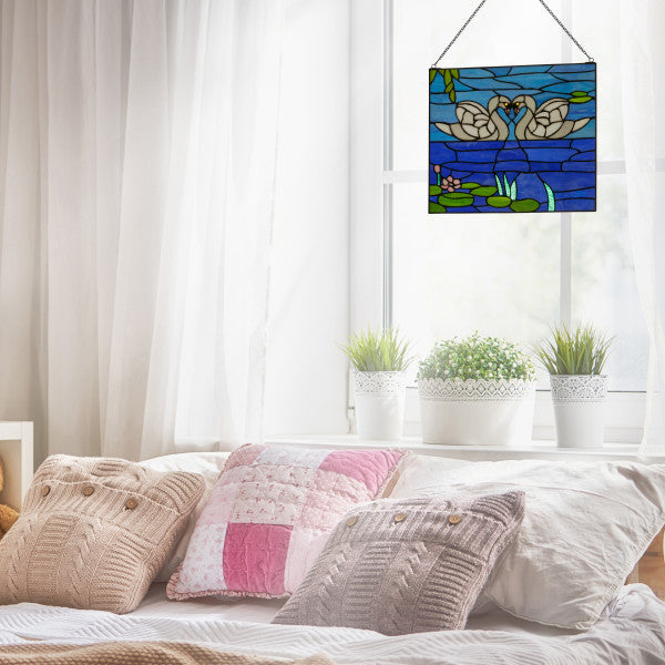 Tiffany-Style Lighting Swans Stained Glass Window Panel