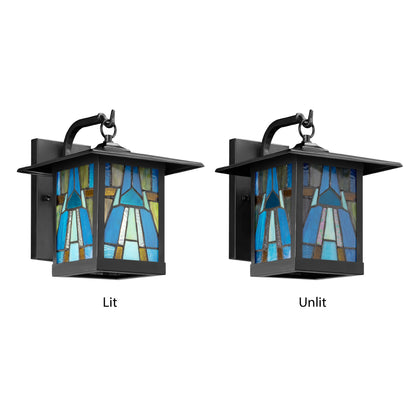 Tiffany-Style Lighting Aqua and Amber Stained Glass 1-Light Outdoor Lantern Wall Sconce