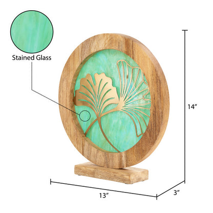 Tiffany-Style Lighting 14" Round Decorative Stained Glass & Metal Stand with Wood Frame