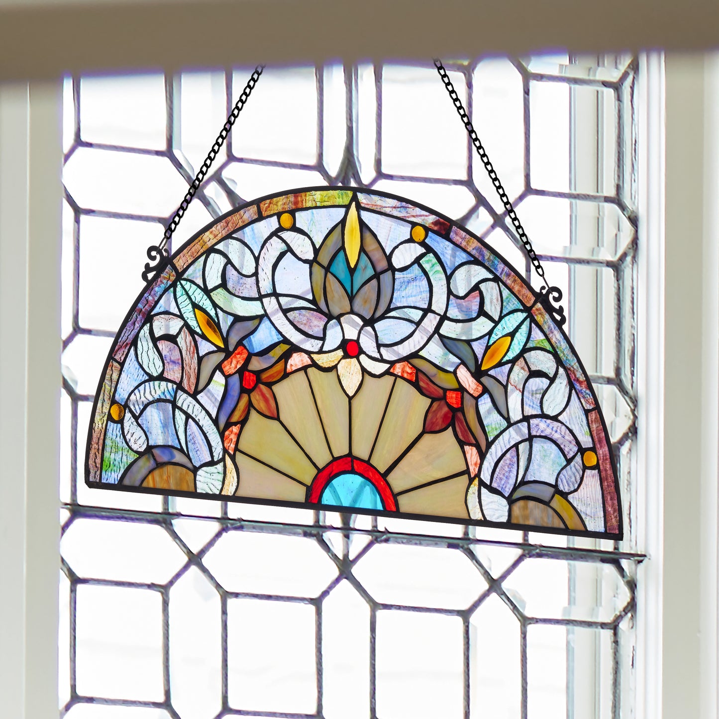 Tiffany-Style Lighting 11" Victorian Corista Half-Moon Stained Glass Window Panel