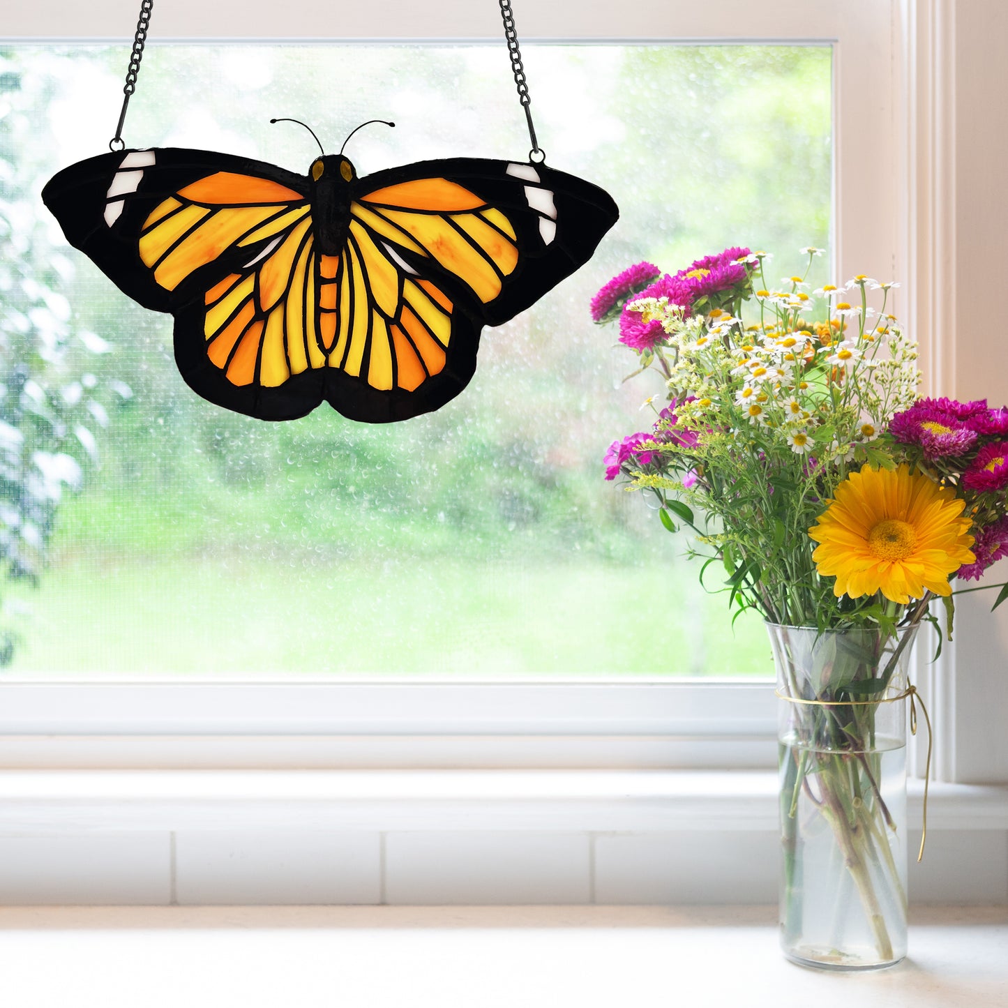 Tiffany-Style Lighting 6.5" Yellow and Orange Butterfly Stained Glass Window Panel