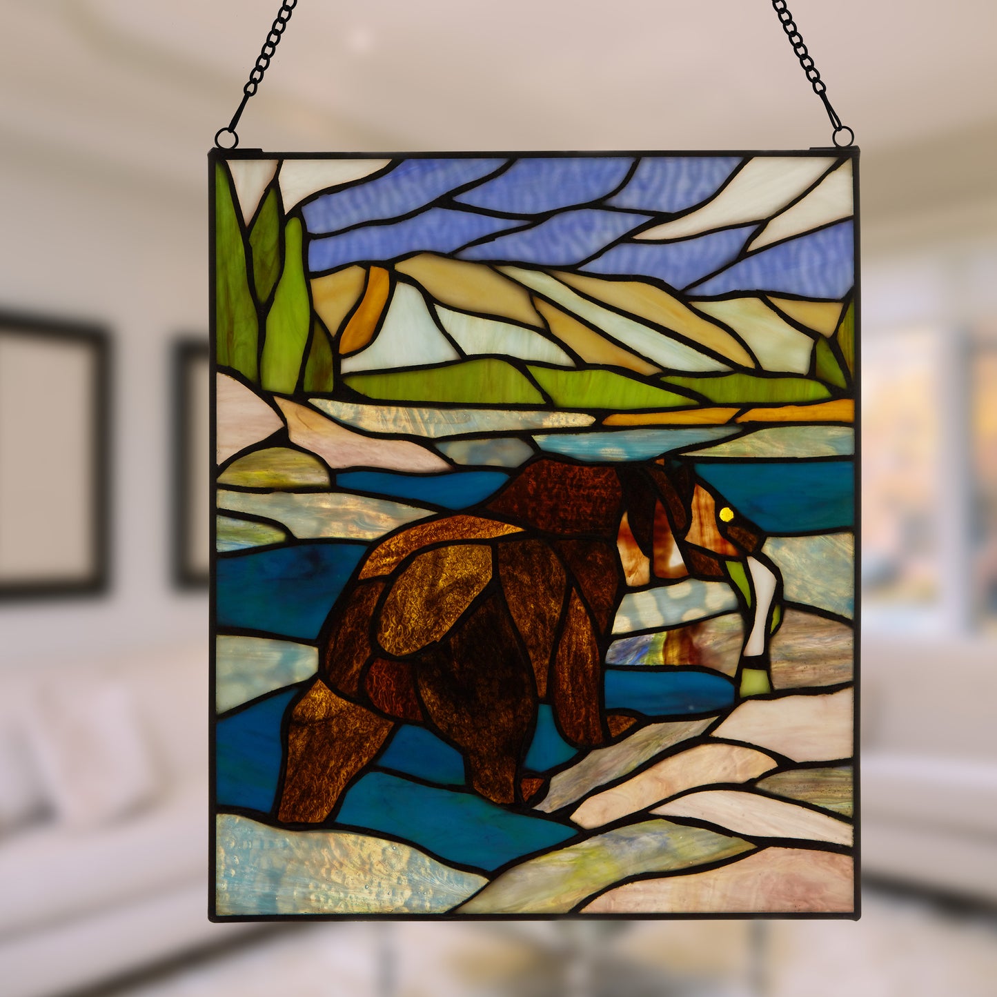 Tiffany-Style Lighting 14" Bear Stained Glass Window Panel