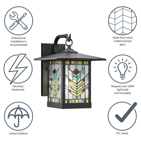 Tiffany-Style Lighting 11.75" 1-Light Prairie Craftsman Style Stained Glass Outdoor Lantern Wall Sconce