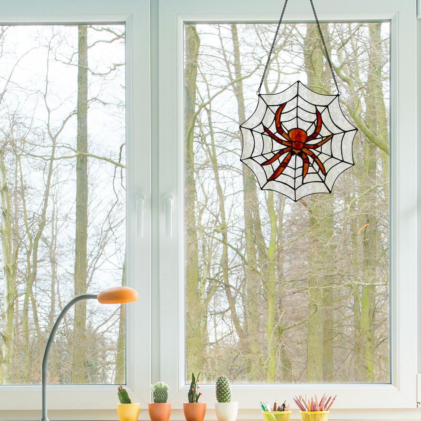 Tiffany-Style Lighting 12" Halloween Spider Web Stained Glass Window Panel