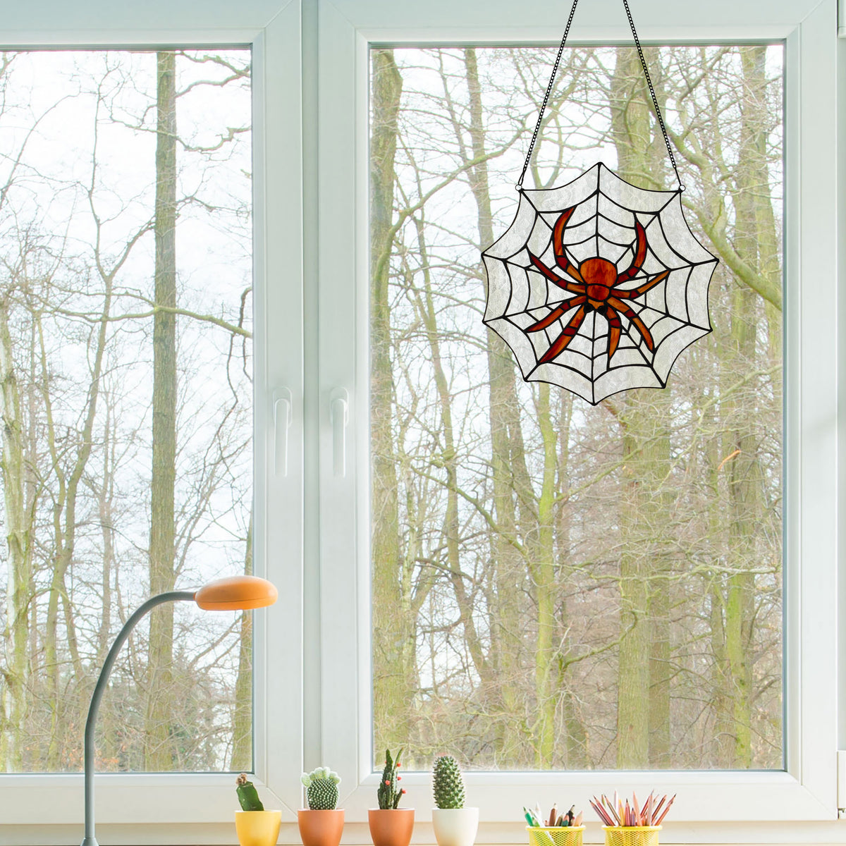 Tiffany-Style Lighting 12" Halloween Spider Web Stained Glass Window Panel