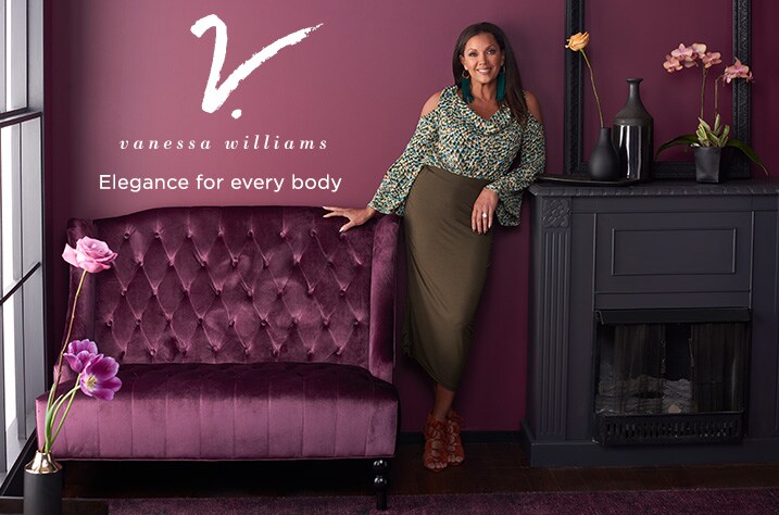 V. by Vanessa Williams at ShopHQ - V. by Vanessa Williams Printed Woven Cold Shoulder Asymmetrical Hem Cowl Neck Top - 736-641, V. by Vanessa Williams Stretch Knit Elastic Waist Drawstring Side Tie Pull-on Skirt - 737-462