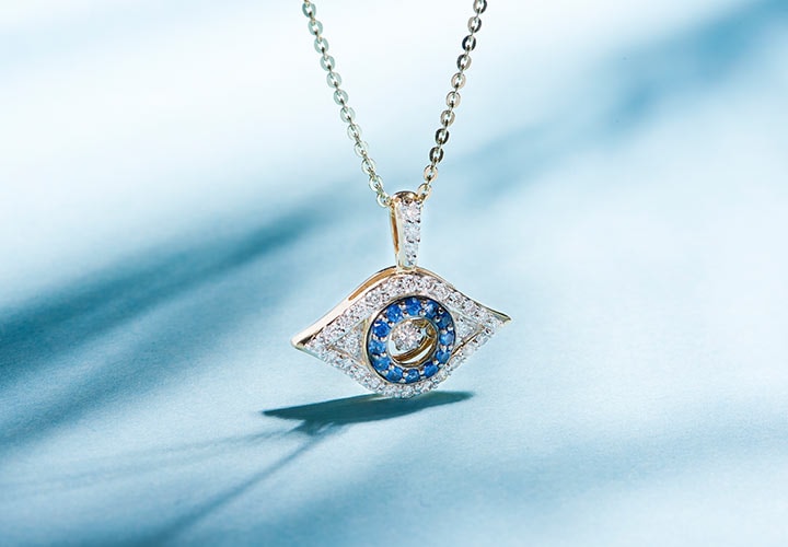 165-322 Beverly Hills Elegance® 14K Gold Diamond & Sapphire Moving Heartbeat Evil Eye Pendant w Chain