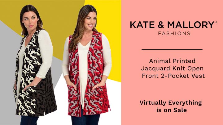 756-117 Kate & Mallory® Animal Printed Jacquard Knit Open Front 2-Pocket Vest