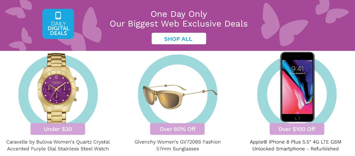 697-963 Caravelle by Bulova Women's Quartz Crystal Accented Purple Dial Stainless Steel Watch (44L193) | 767-019 Givenchy Women's GV7208S Fashion 57mm Sunglasses | 479-521 Apple® iPhone 8 Plus 5.5 4G LTE GSM Choice of Size Unlocked Smartphone - Refurbished
