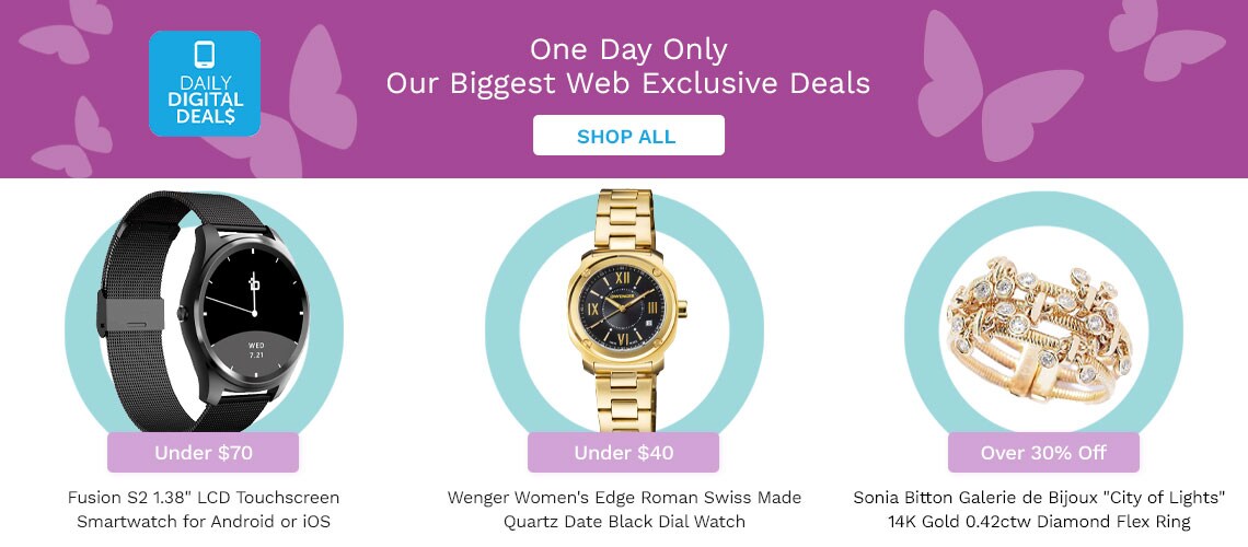 489-959 Fusion S2 1.38 LCD Touchscreen Smartwatch for Android or iOS | 912-397 Wenger Women's Edge Roman Swiss Made Quartz Date Black Dial Watch | 198-164 Sonia Bitton Galerie de Bijoux City of Lights 14K Gold 0.42ctw Diamond Flex Ring