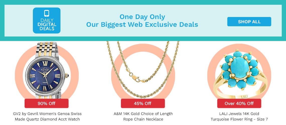 Daily Digital Deals | 917-286 GV2 by Gevril Women's Genoa Swiss Made Quartz Diamond Acct Watch  |  173-577 A&M 14K Gold Choice of Length Rope Chain Necklace  |   197-530 LALI Jewels 14K Gold Turquoise Flower Ring - Size 7