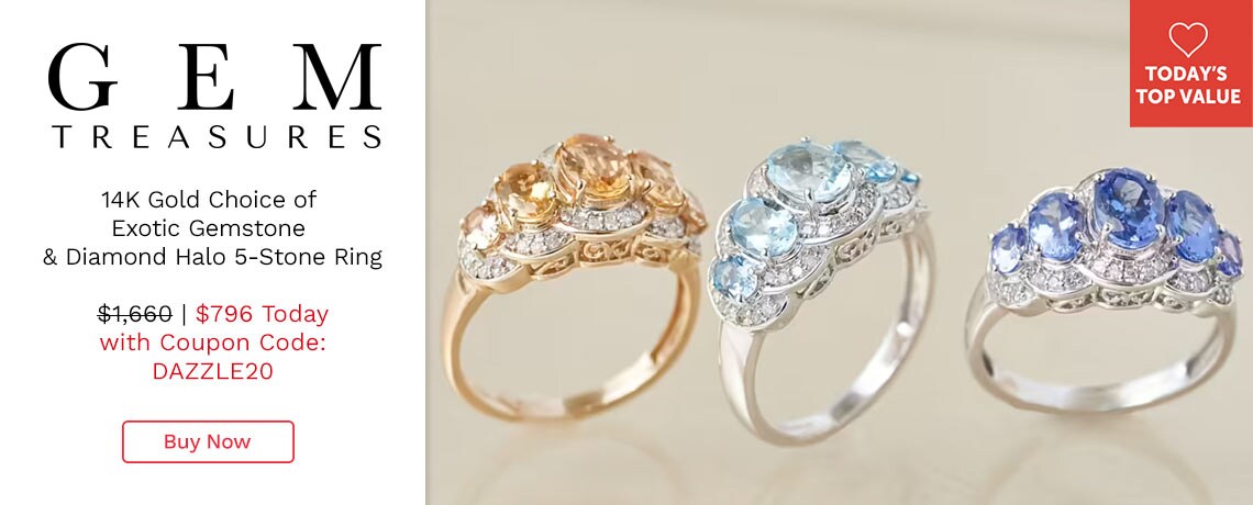 204-327 Gem Treasures   14K Gold Choice of Iconic, Exotic Gemstone & Diamond Halo 5-Stone Ring