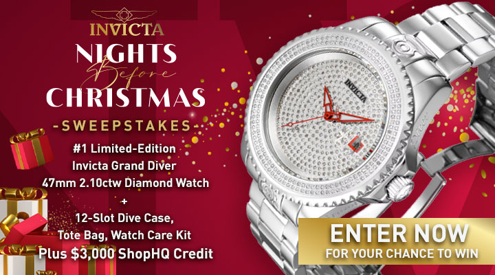 Invicta Night Before Xmas Sweeps | ENTER NOW FOR YOUR CHANCE TO WIN!  #1 Limited-Edition Invicta Grand Diver 47mm 2.10ctw Diamond Watch + 12-Slot Dive Case, Tote Bag, Watch Care Kit Plus $3,000 ShopHQ Credit